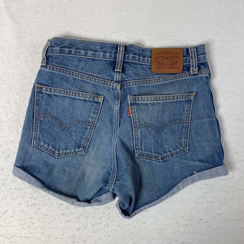 Levi's Denim Shorts Womens Size 26 Blue Button Fly High Rise Orange Tab‎ Cuffed